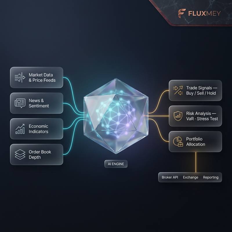 Diagrama del motor de IA de Fluxmey: datos de mercado, noticias, indicadores económicos y profundidad del libro de órdenes alimentan un núcleo analítico que genera señales, análisis de riesgo y asignación de portafolio