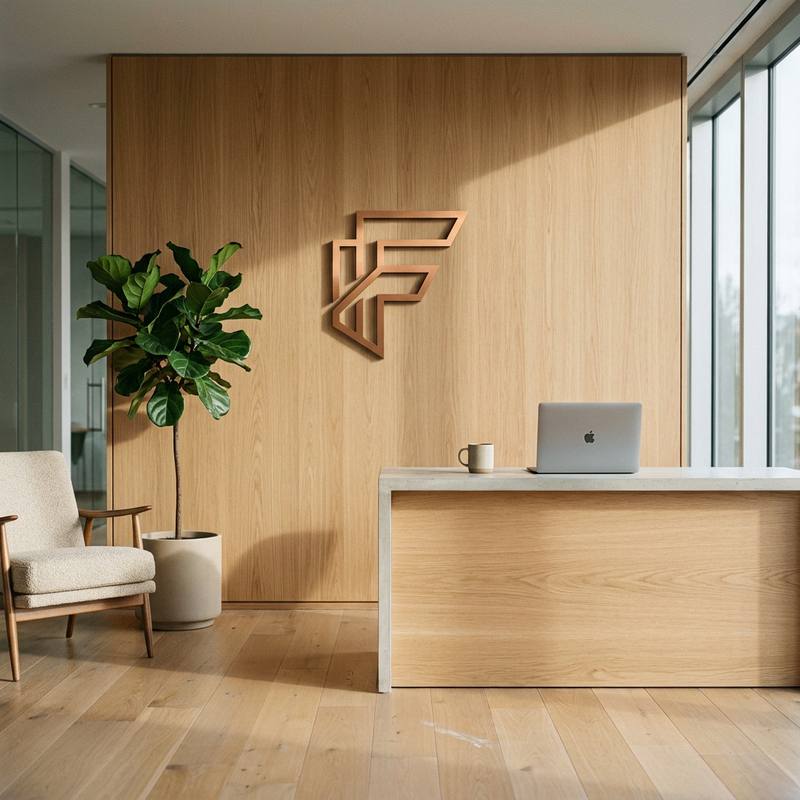 Recepción de las oficinas de Fluxmey: muro de madera con el emblema de cobre, una planta, un sillón y un escritorio bañados por luz natural